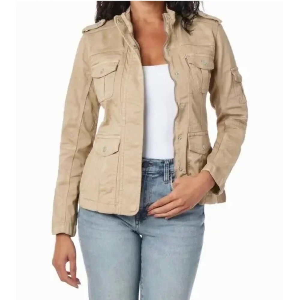 KENSIE JEANS Beige TWILL Button-Up/Snap 5-POCKETS Utility MILITARY JACKET Sz M